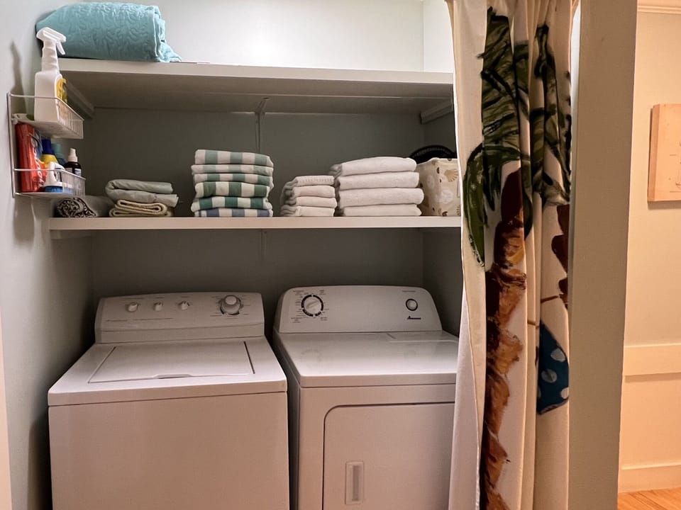 Washer and dryer for your convenience   Beach towels & starter cleaning supplies