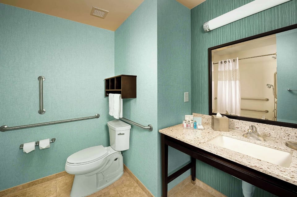 Combined shower/tub, free toiletries, hair dryer, towels