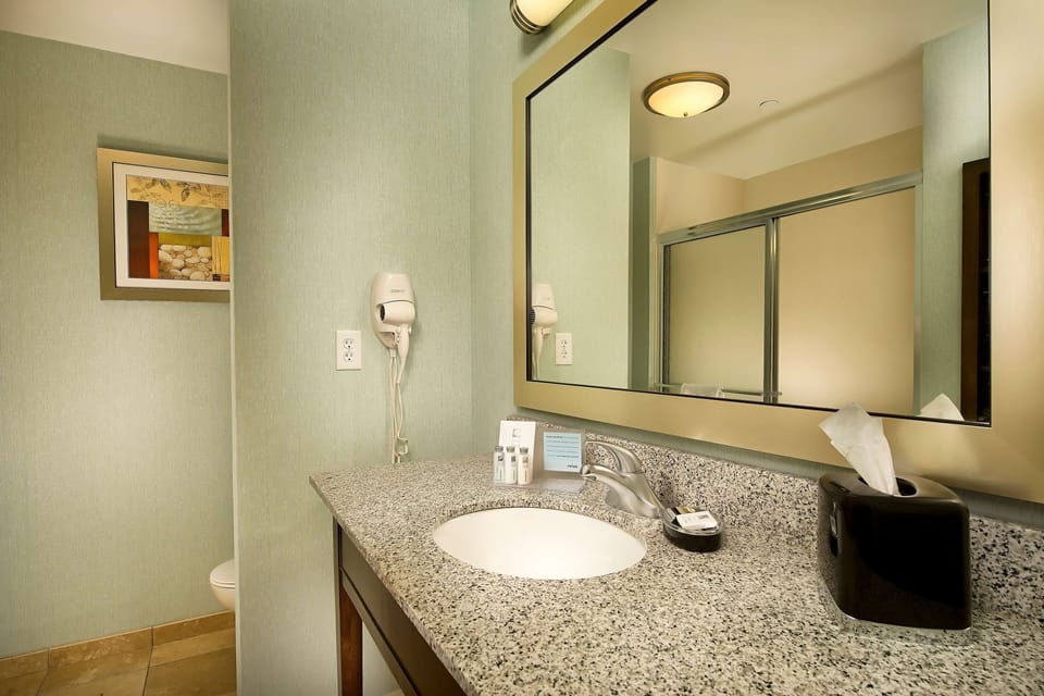Combined shower/tub, free toiletries, hair dryer, towels