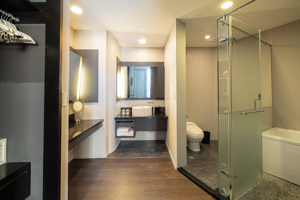 Deluxe Quadruple Room | Bathroom | Hair dryer, towels, soap, shampoo