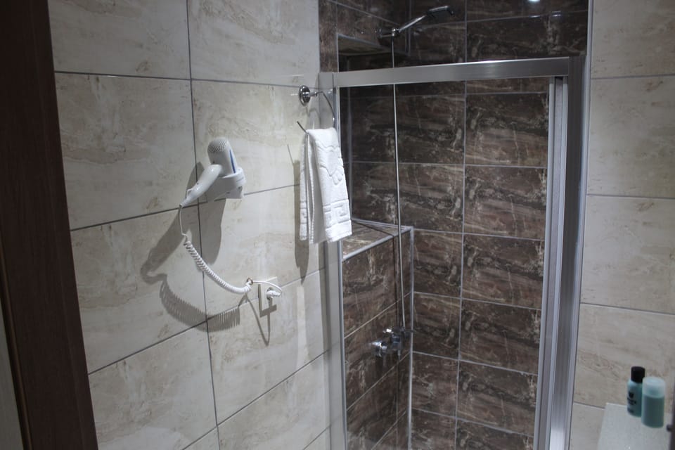 Shower, free toiletries, hair dryer, slippers