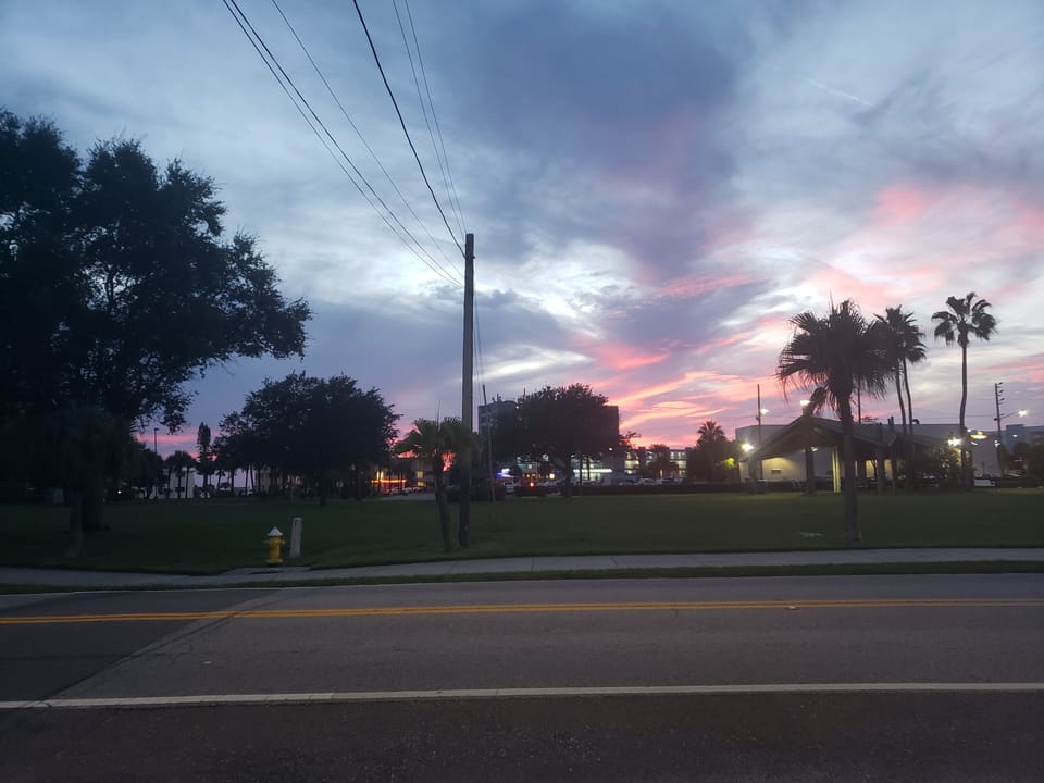 Sunset from our two parking spaces.