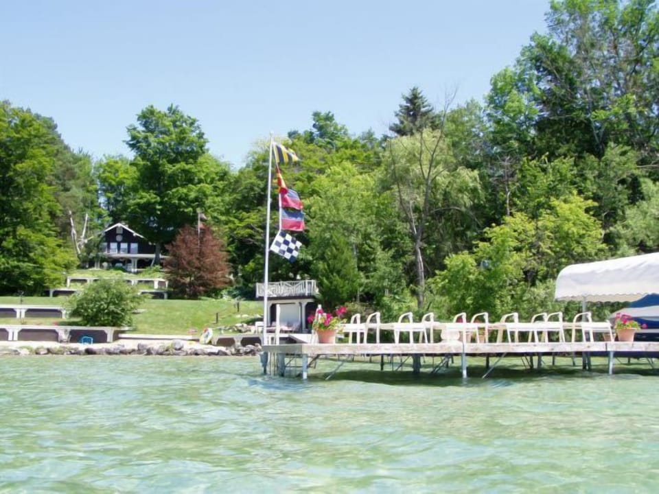 extensive decking and dock, motor boat hoist for rental