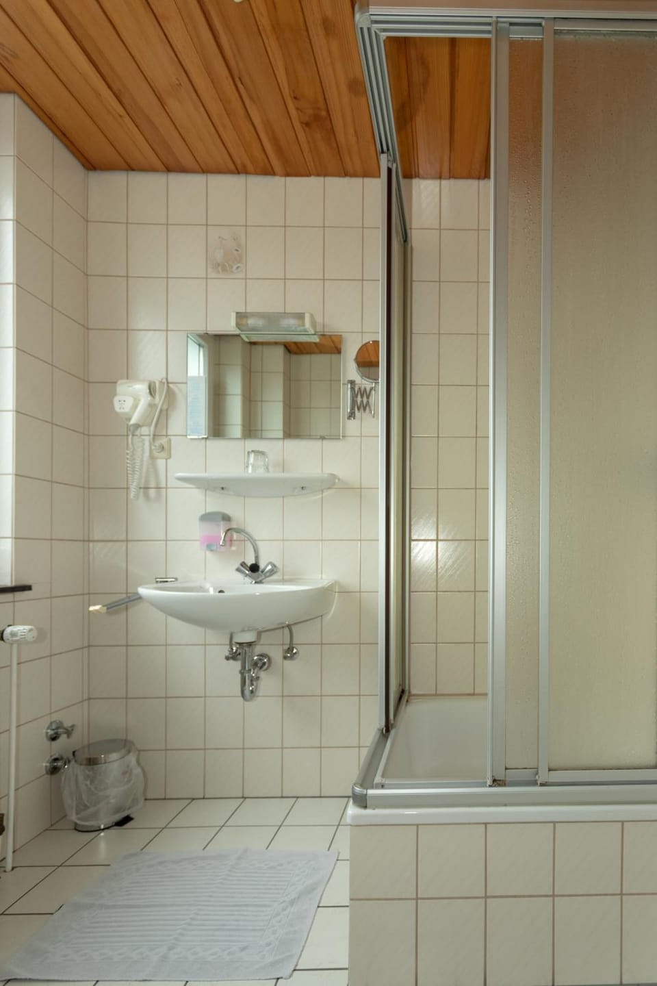 Shower, hair dryer, towels, shampoo