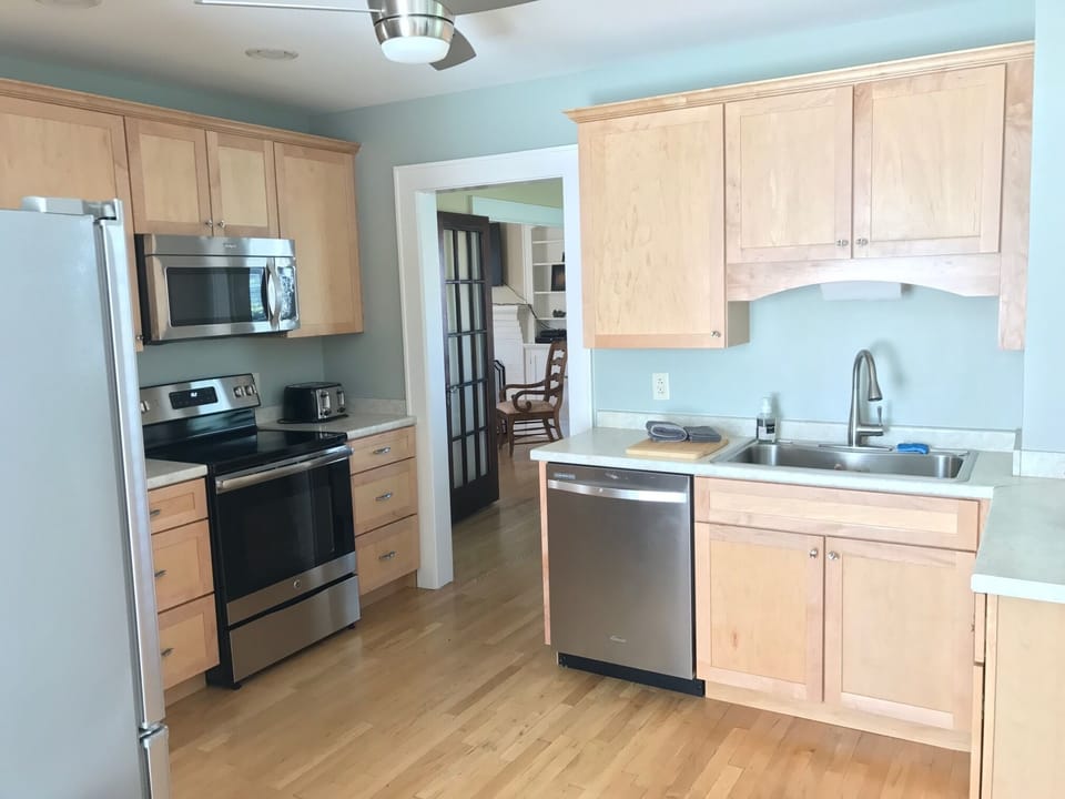 Kitchen, full stocked with cookware, dinnerware and glassware, remodeled in 2017