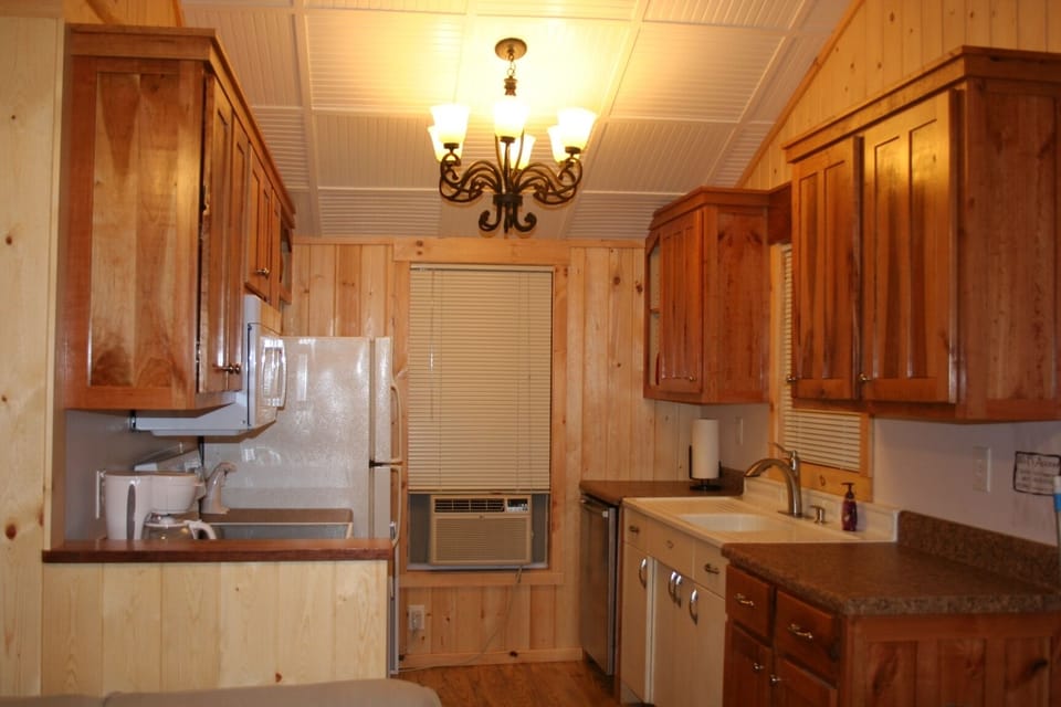 Full kitchen with modern appliances contrasted with the antique cast iron sink.