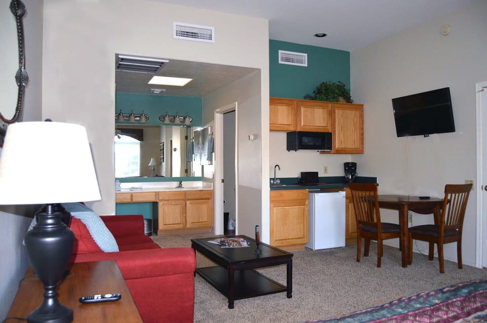Apartment's Kitchen, Vanity & Living Room Area.