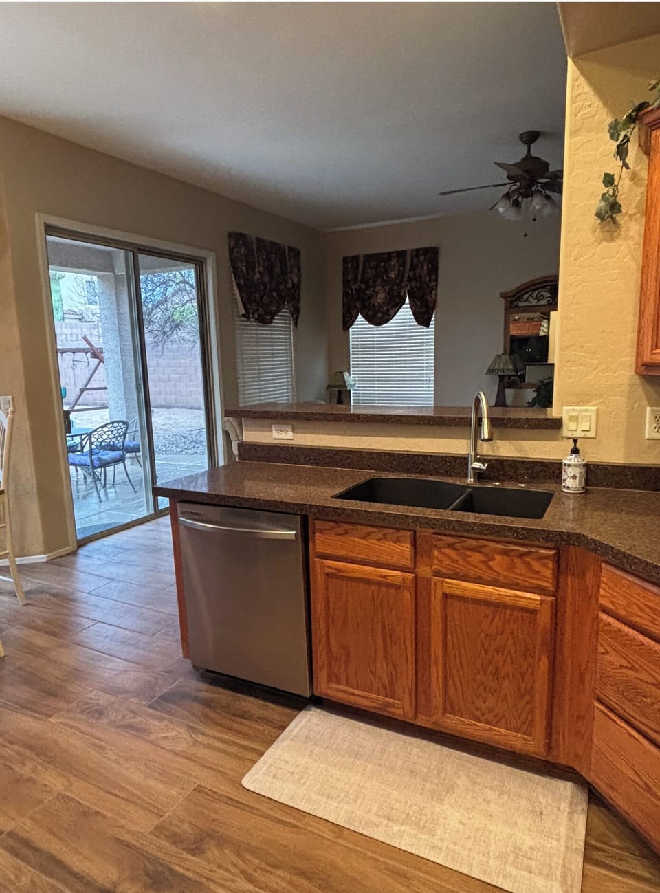 Kitchen dishwasher view to backyard
