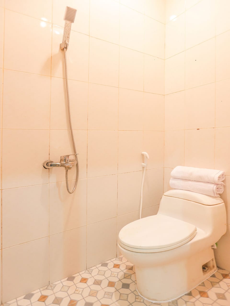 Shower, free toiletries, towels, soap