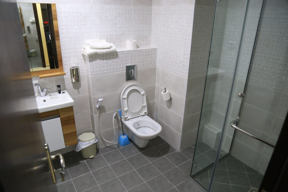 Shower, free toiletries, hair dryer, towels