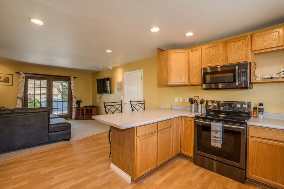 kitchen with family room in the back ground