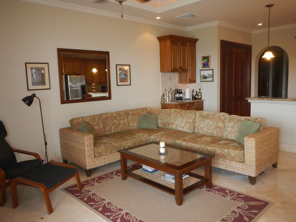 great room with wet bar behind