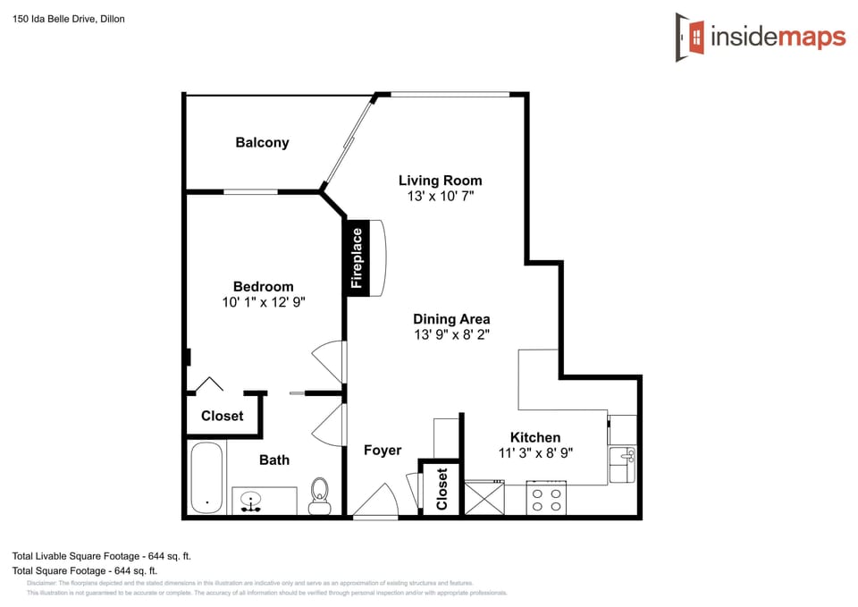 Your detailed floor plan shows a spacious layout with bedroom, living area, dining space, full kitchen, and private balcony.