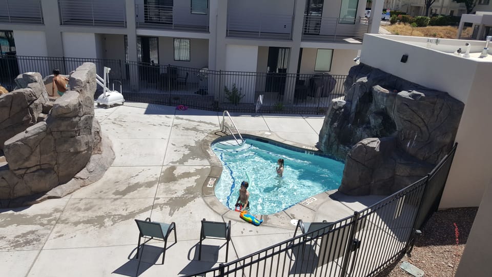 hot tub and water feature, viewed from condo upper balcony