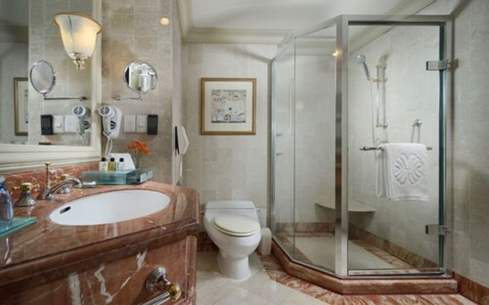 Separate tub and shower, hydromassage showerhead, free toiletries