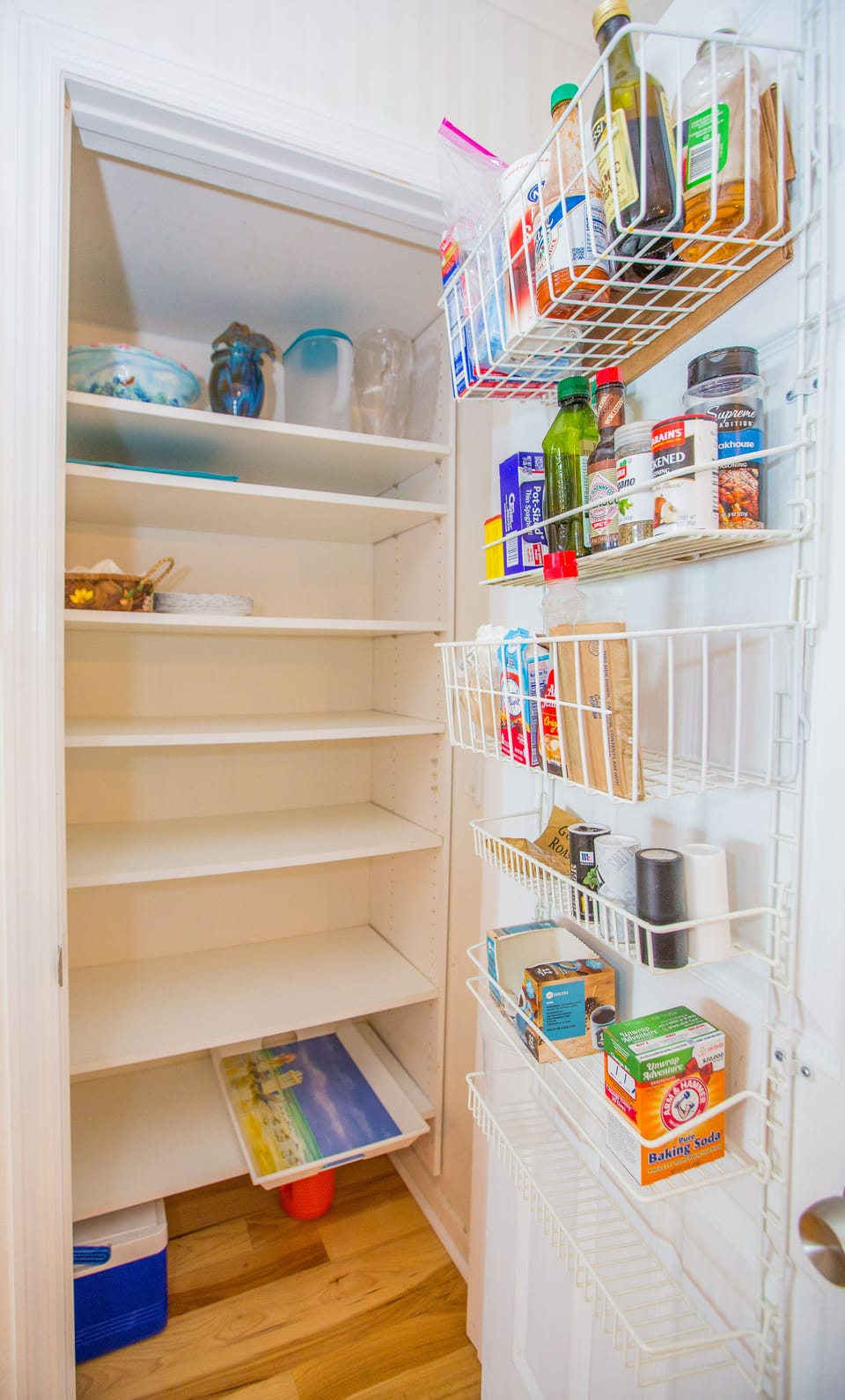 Kitchen pantry with shelves so lots of storage space for groceries.