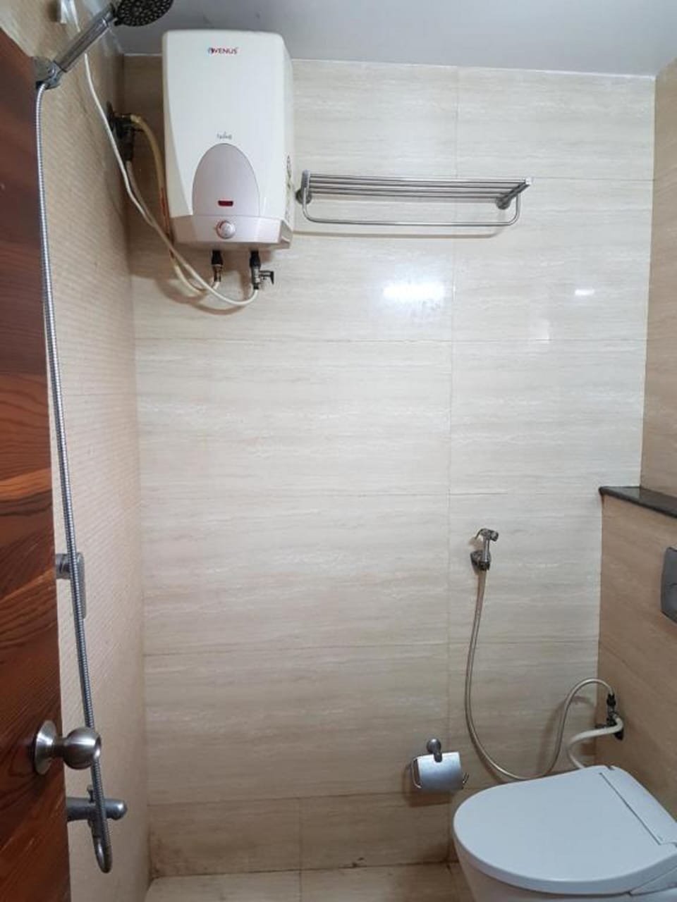 Shower, bathrobes, towels, soap