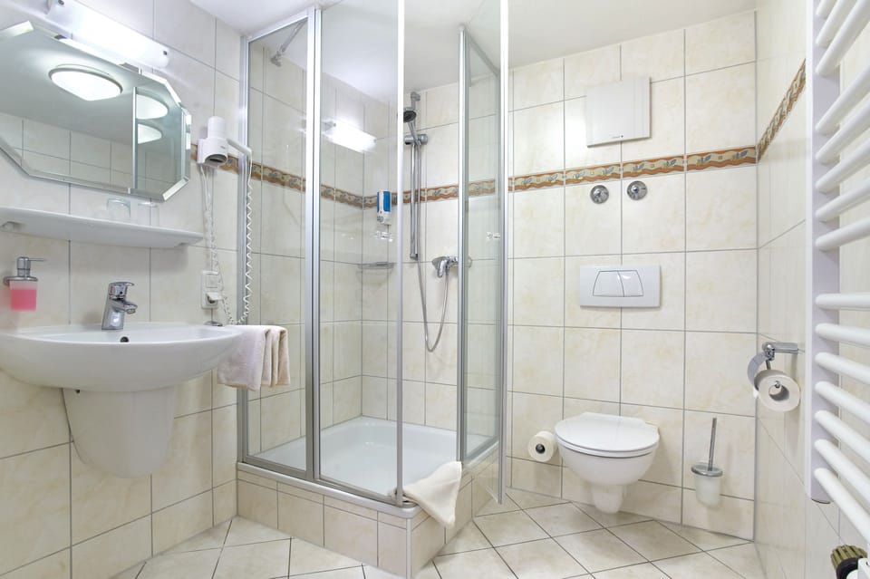 Shower, eco-friendly toiletries, hair dryer, towels