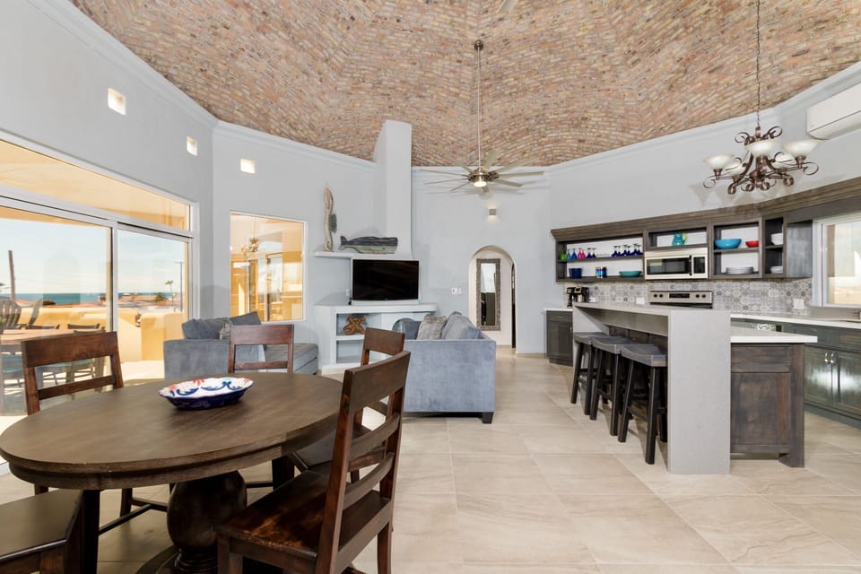 The open concept great room is comfortable, serene and has wonderful ocean views