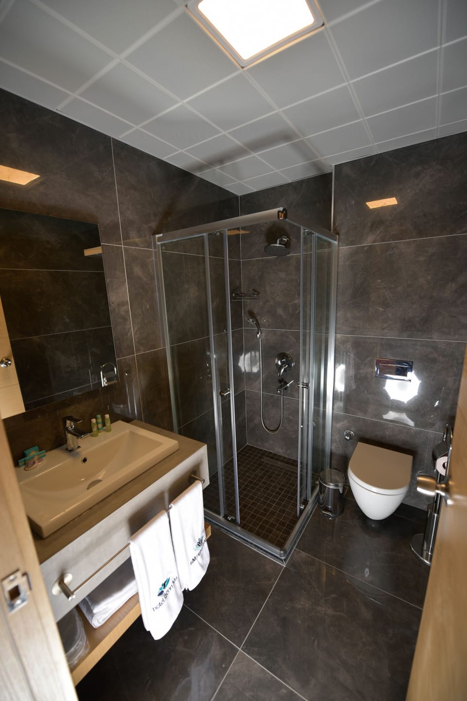 Shower, hydromassage showerhead, free toiletries, hair dryer