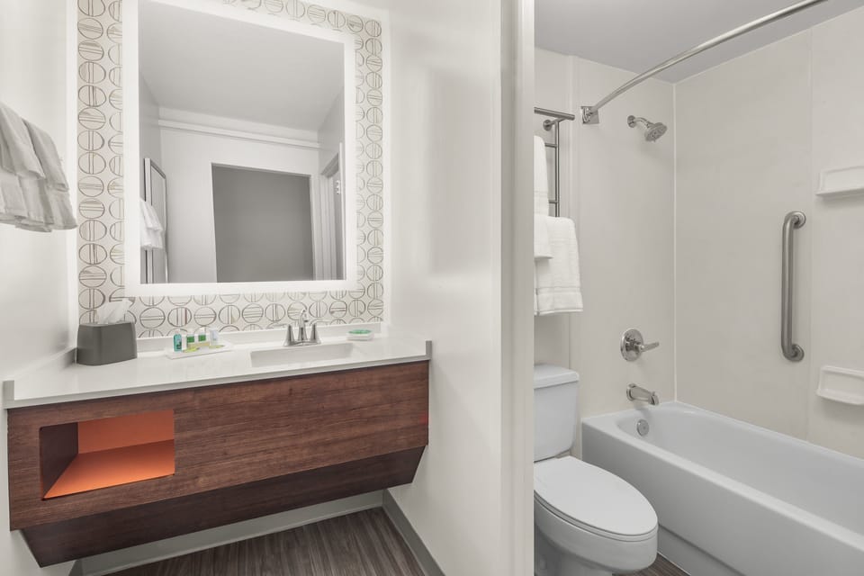 Eco-friendly toiletries, hair dryer, towels