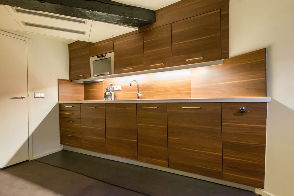 Full-size fridge, microwave, stovetop, espresso maker