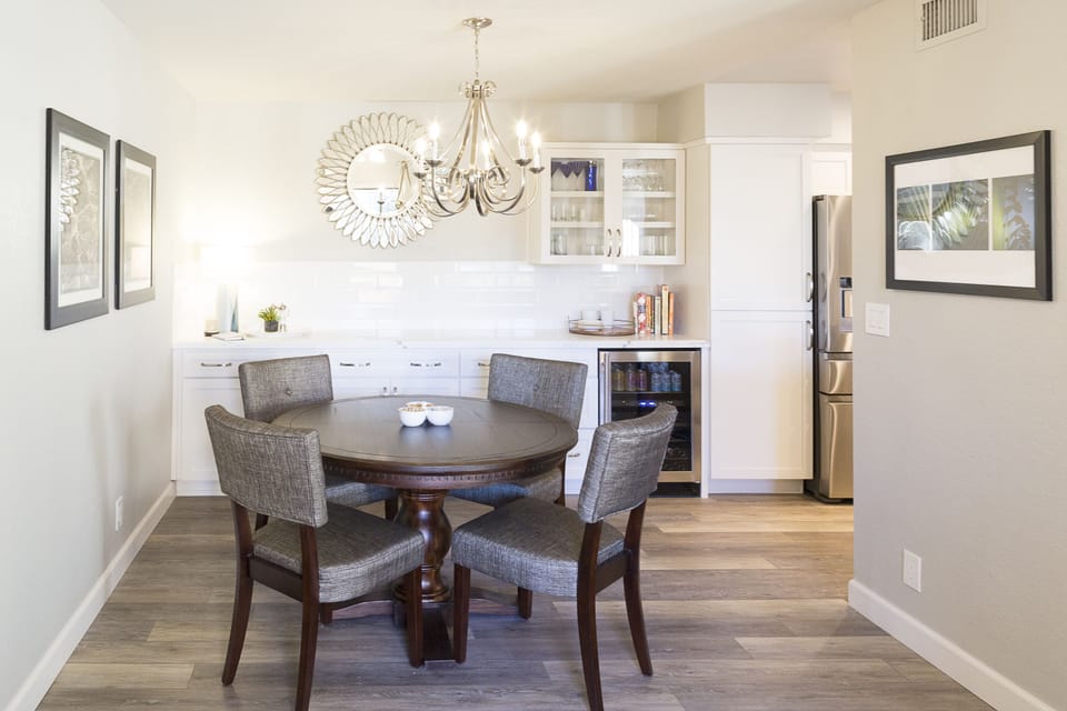 Dining room with buffet counter and built in beverage fridge