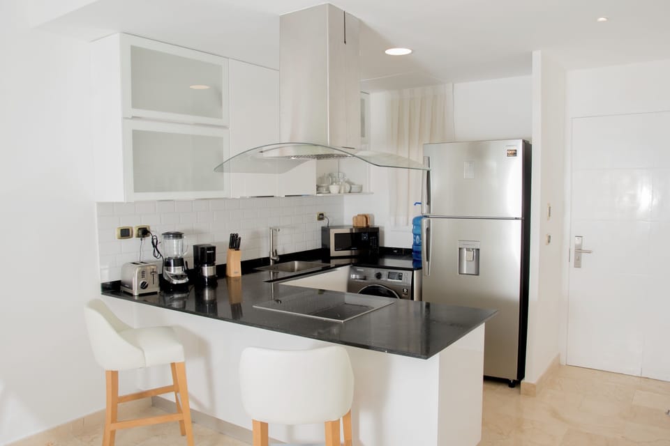 We have a toaster, blender, coffeemaker, microwave, stove, and full-size fridge