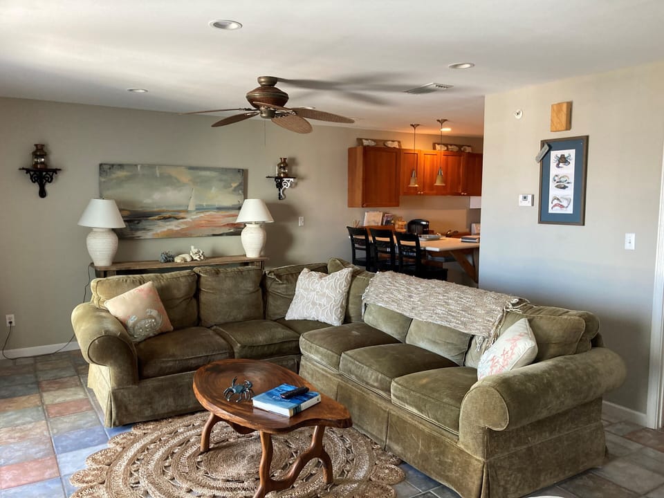 Living Room, comfortable sectional sofa with queen bedand antique coffee table. 