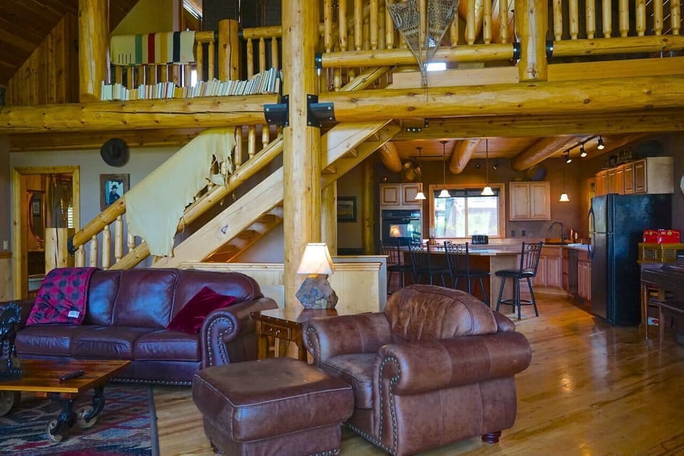 Main floor living area with view into the kitchen