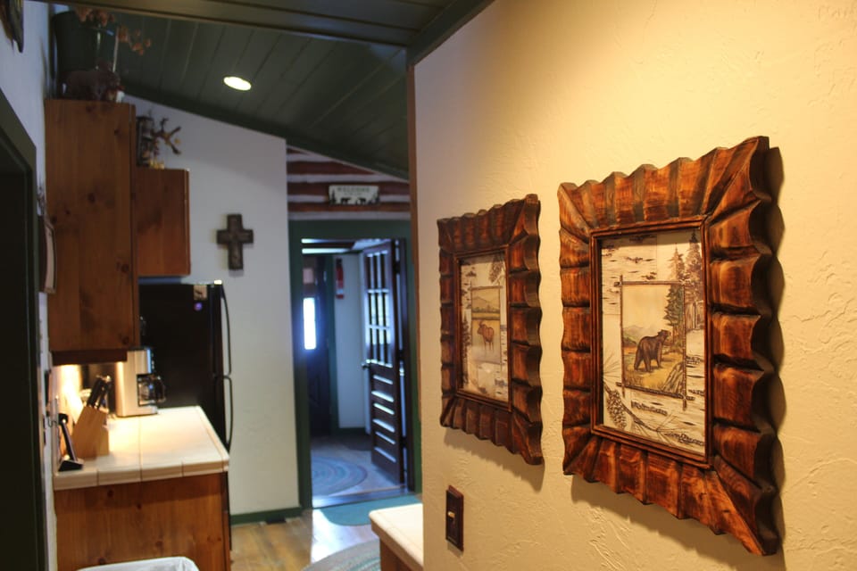 view from cabin hallway into the kitchen