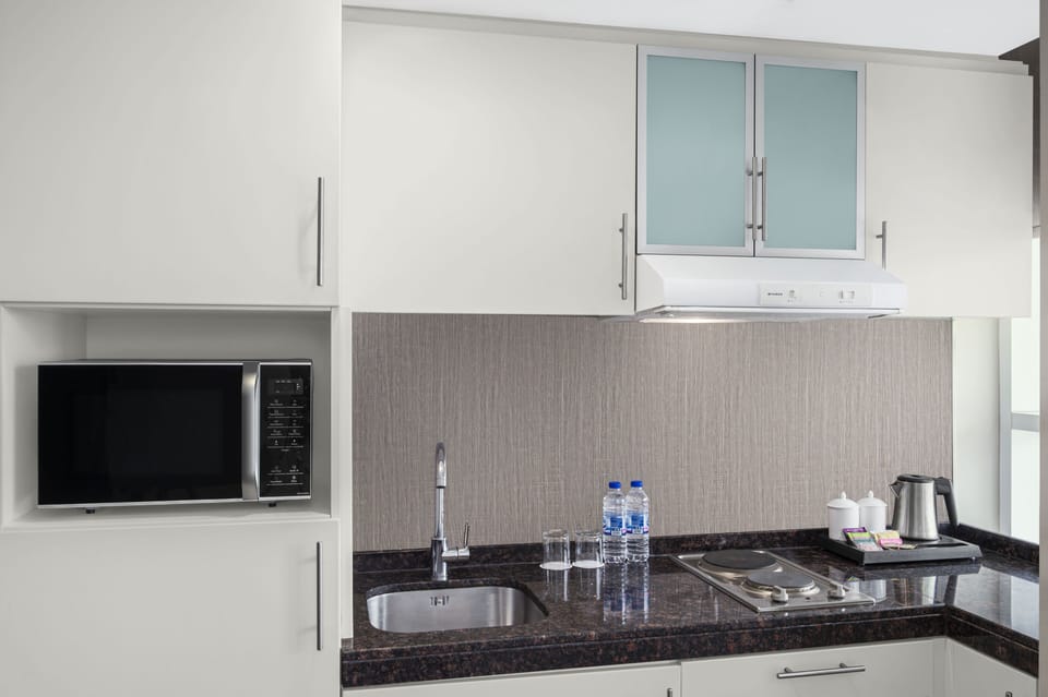 Fridge, microwave, stovetop, toaster