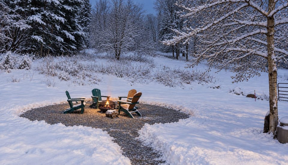 Cozy winter nights by the fire pit. One bundle of wood included per stay.