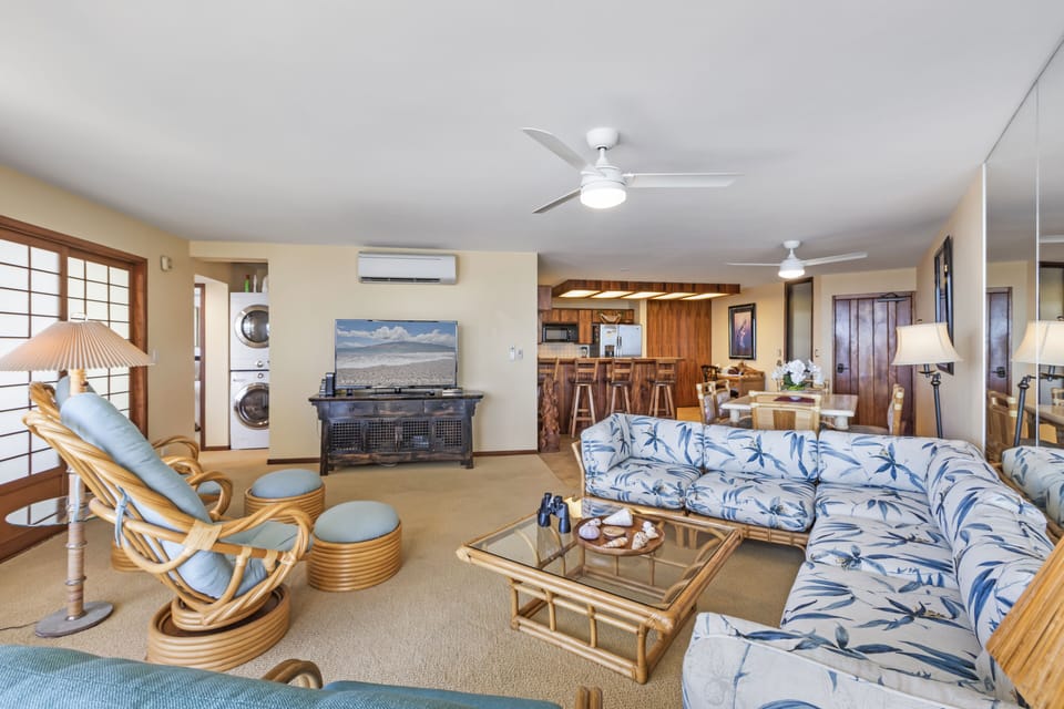 Living room looking into kitchen
