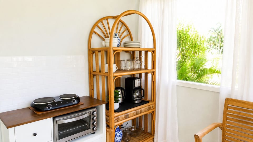 Coffee bar with kettle, two burner stovetop, toaster oven, dishes, and more!