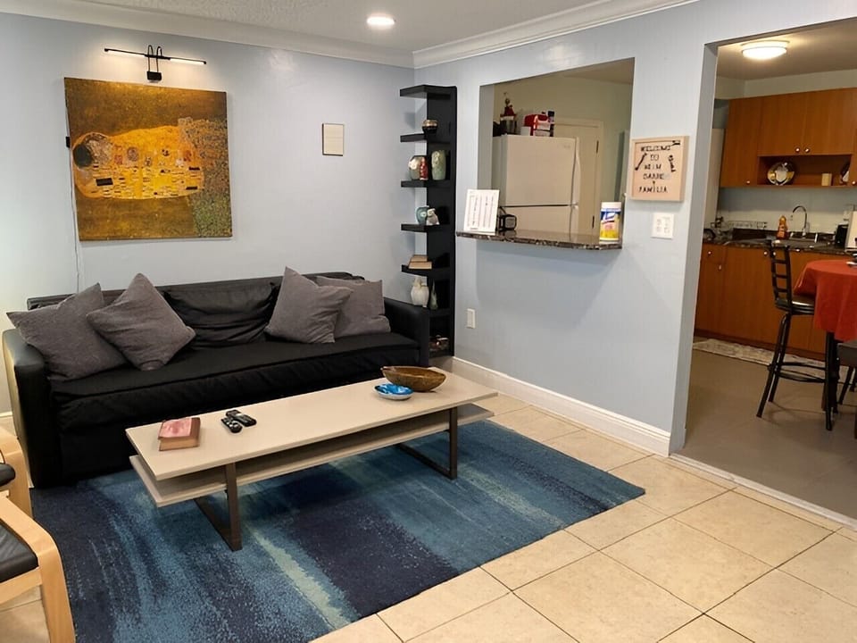 Living room with kitchen in the foreground