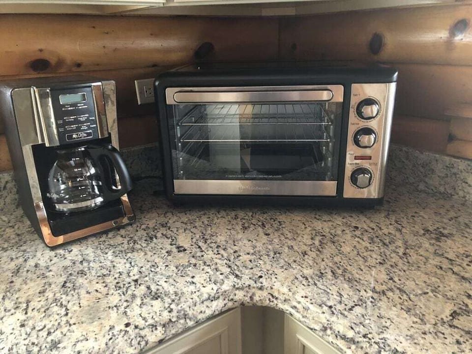 Coffee maker and Toaster oven to bake an 11 inch pizza and rotisserie a chicken!