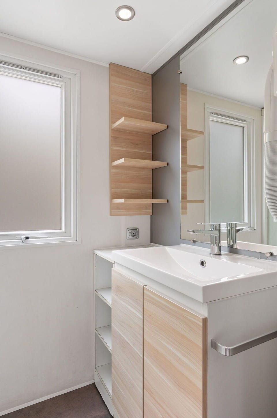 Interior Design, Wall, Bathroom Sink, Flooring, Plumbing Fixture, Bathroom, Cabinetry, Wood, Floor, Bathroom Cabinet