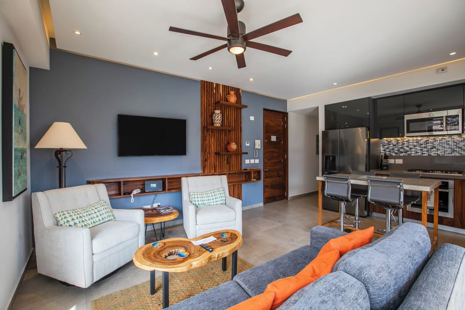 Living room with comfortable seating and smart TV