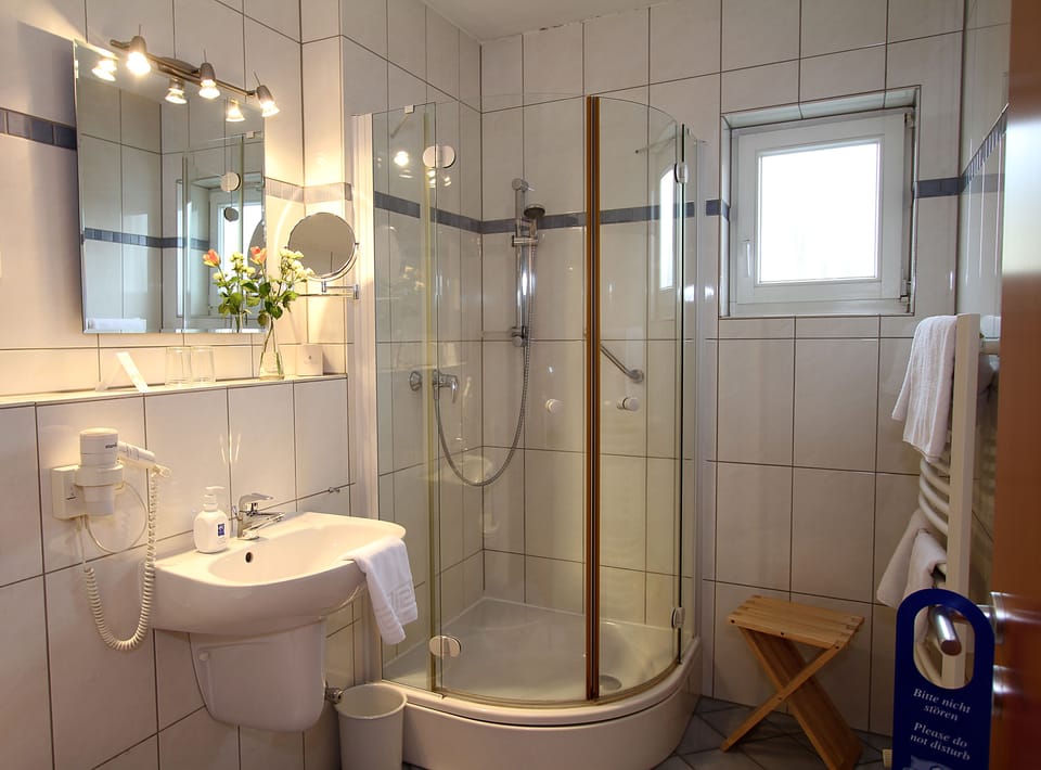 Shower, free toiletries, hair dryer, towels