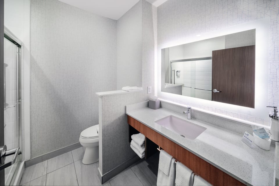 Separate tub and shower, hair dryer, towels