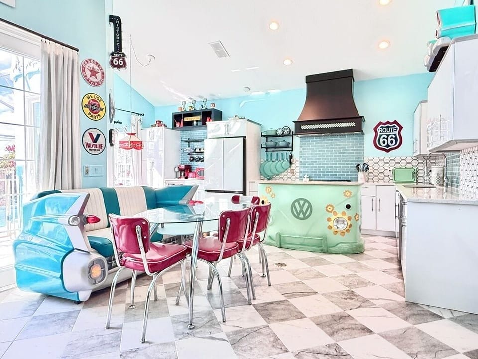 Pit Stop! Flo the Cadillac sofa, hosts the party in the CARS -inspired kitchen!