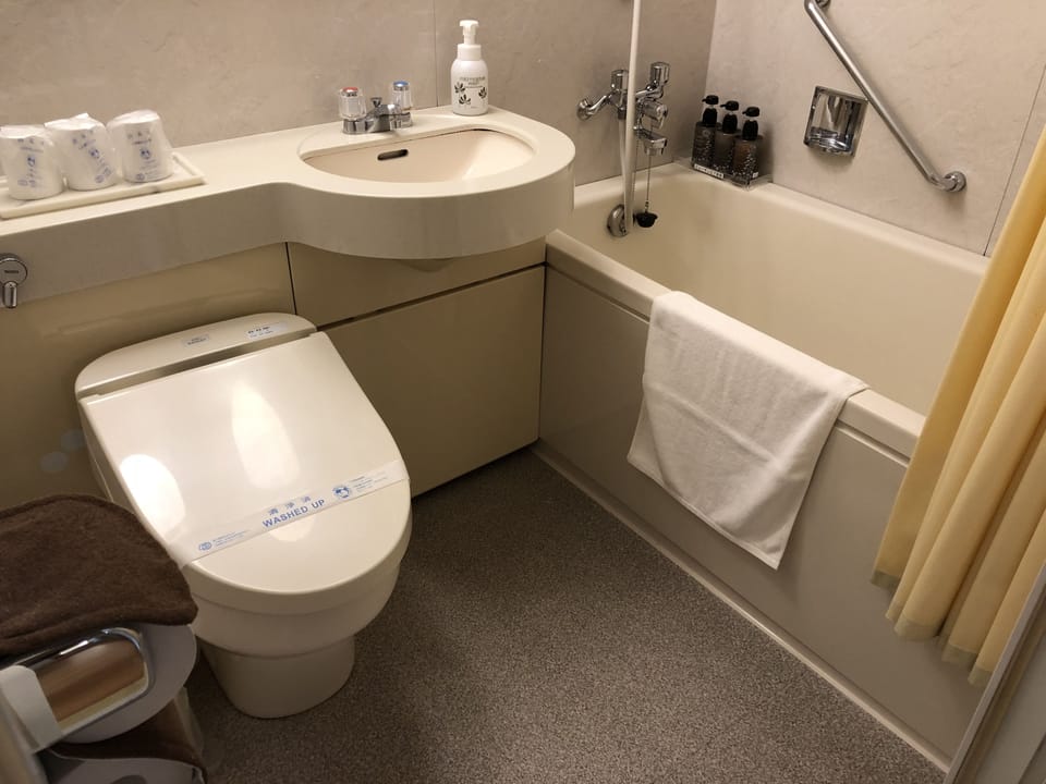 Free toiletries, hair dryer, slippers, electronic bidet