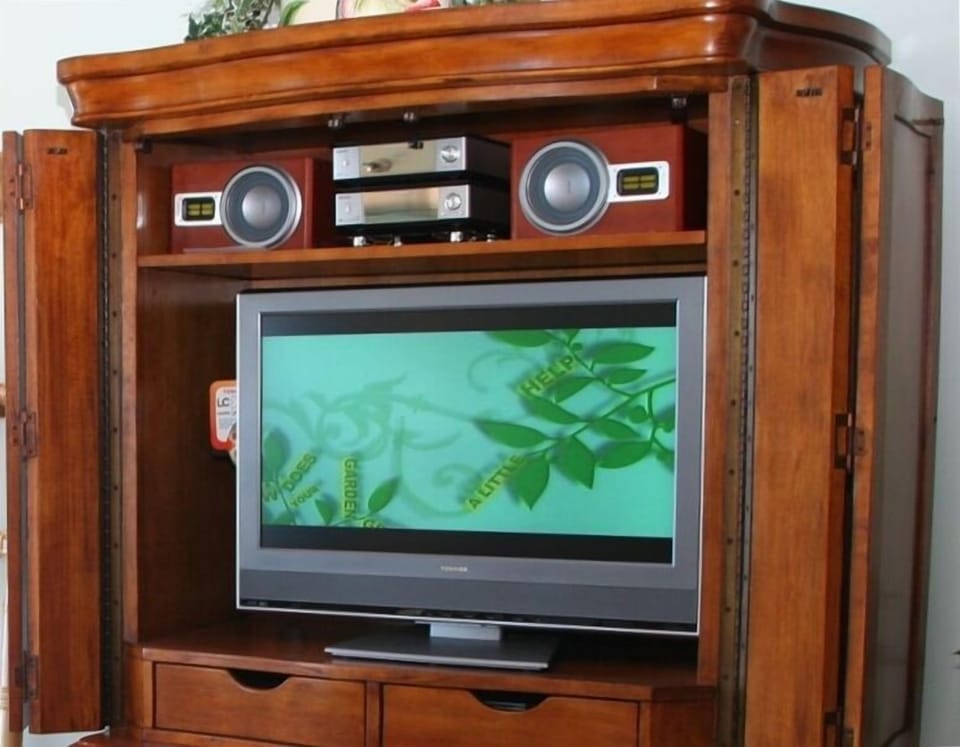 The new entertainment center with a 32" TV, DVD and stereo.
