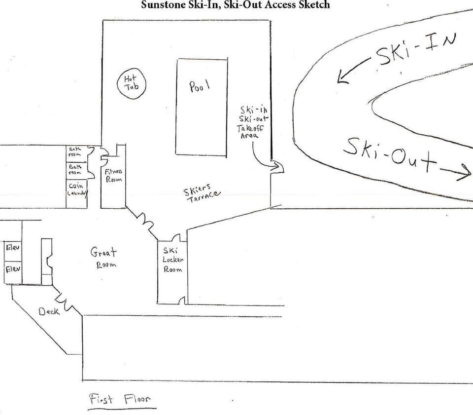 Sketch - ski locker room, skiers terrace, gate to ski-in, ski-out take-off area