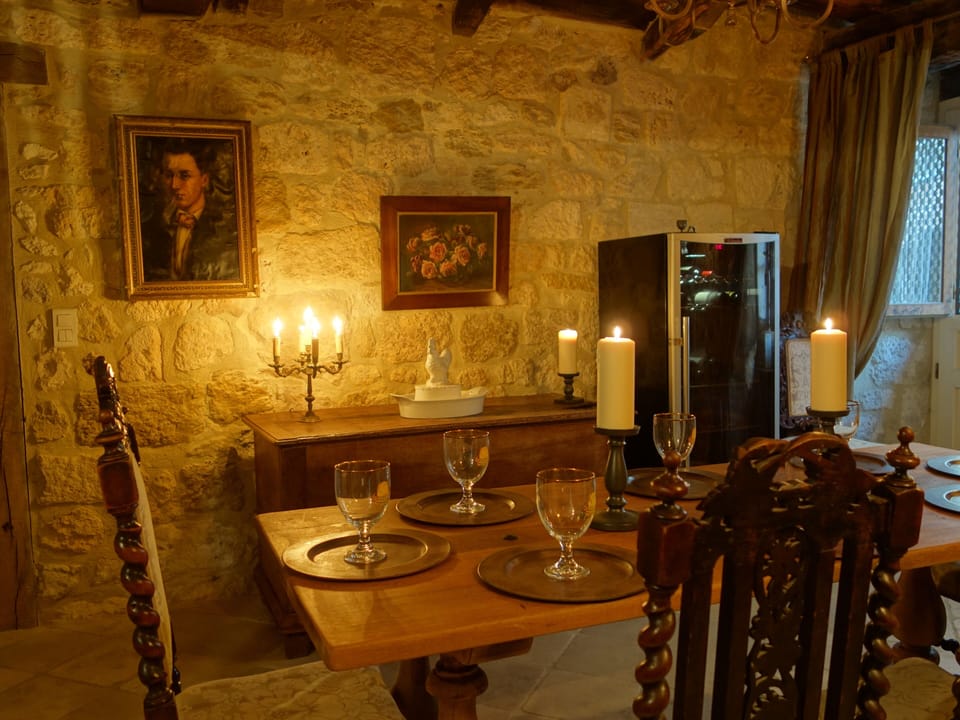 Character filled Medieval dining room for 8 with 120 bottle wine sommelier.