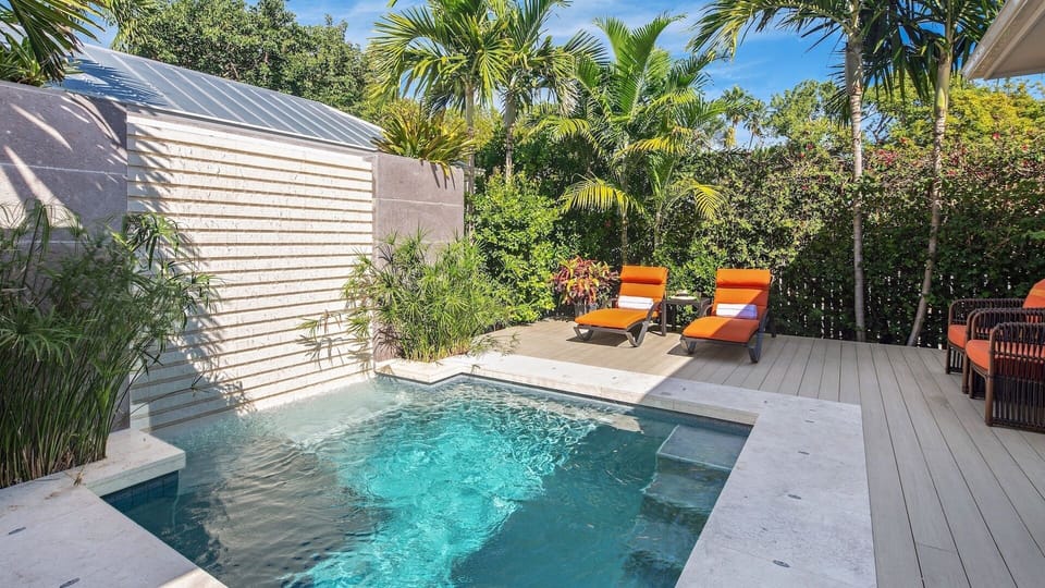 The private pool is heated with a gorgeous waterfall feature...