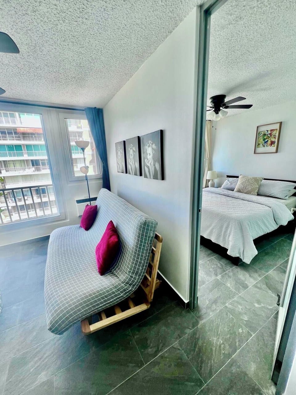 Full Futon in Livingroom and Queen Bed in Bedroom