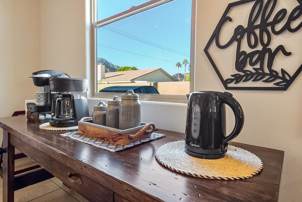 Coffee Bar with  Keurig & 12 Cup Drip Maker and coffee for your 1st day.
