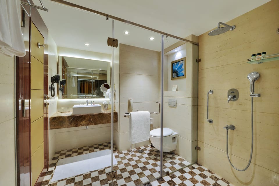 Shower, free toiletries, hair dryer, bathrobes